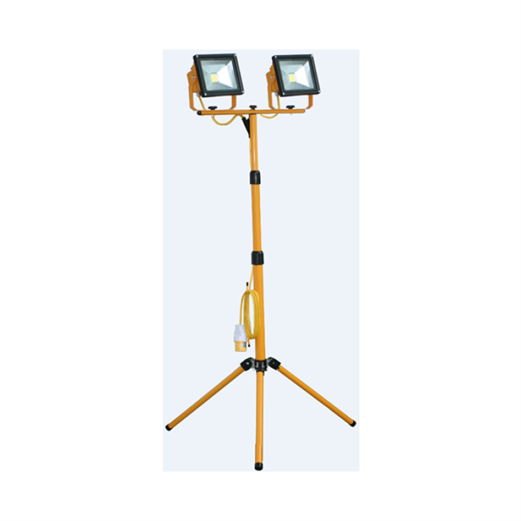LED Twin Head Tripod Worklight 2 x 16a sockets 5m cable - Yellow - 110v 2 x30W (2600 Lumen)