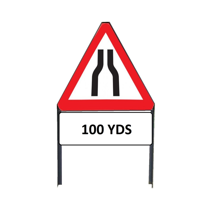 Road Narrows Both Sides sign with "100yd" Supplementary plate in frame with clips - 750mm (100yd)