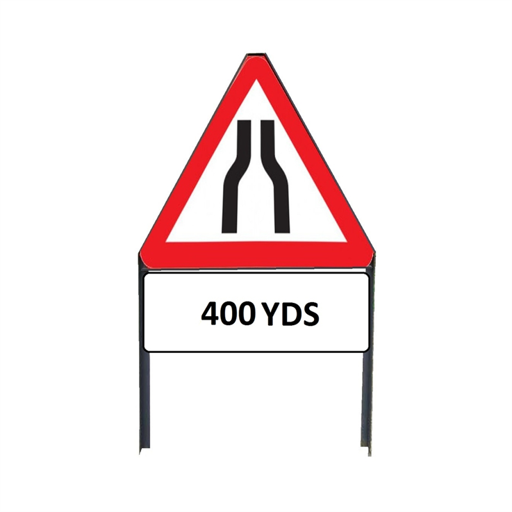 Road Narrows Both Sides sign with "400yd" Supplementary plate in frame with clips - 750mm (400yd)