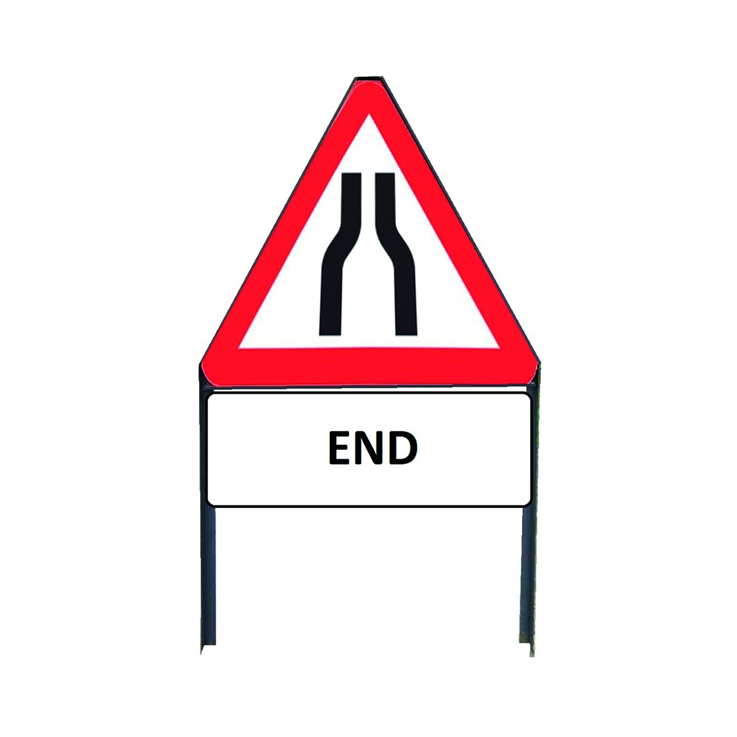 Road Narrows Both Sides sign w/ "END" Supplementary plate incl frame - Red/White/Black - 750mm