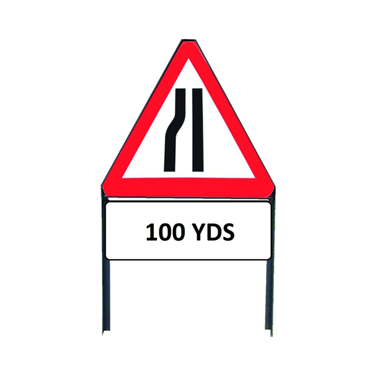 Road Narrows Nearside Metal Triangle sign with "100yd" Supplementary plate incl frame - 750mm