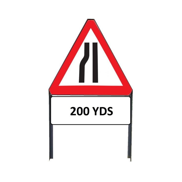 Road Narrows Nearside Metal Triangle sign with "200yd" Supplementary plate incl frame - 750mm