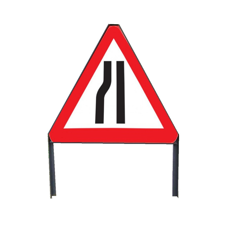 Road Narrows Nearside Metal Triangle sign in frame with clips - Red/White/Black - 750mm