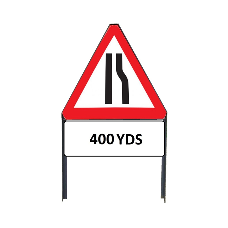Road Narrows Offside Triangle sign with "400yd" Supplementary plate in frame with clips - 750mm