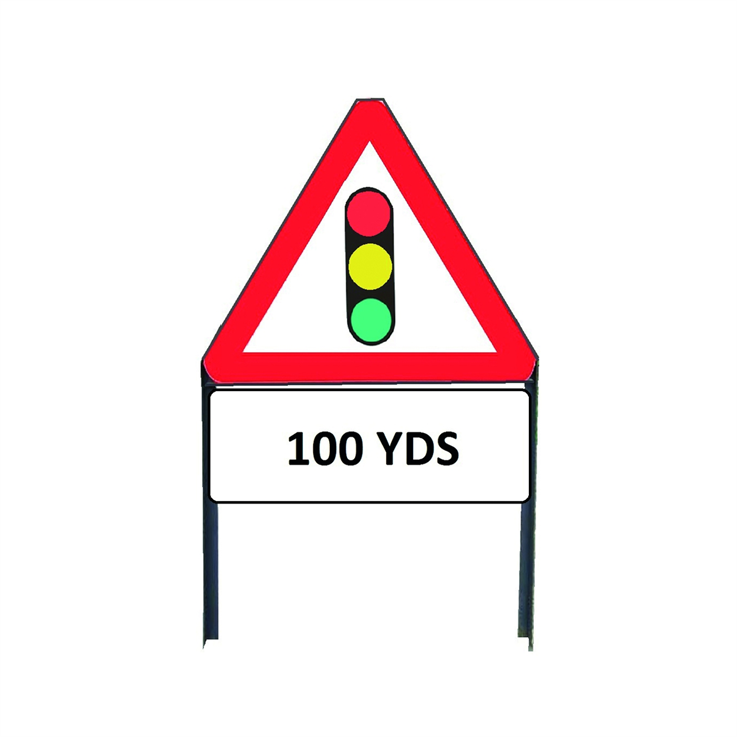 Traffic Lights In Use Ahead Metal sign with "100yd" Supplementary plate in frame with clips - 750mm