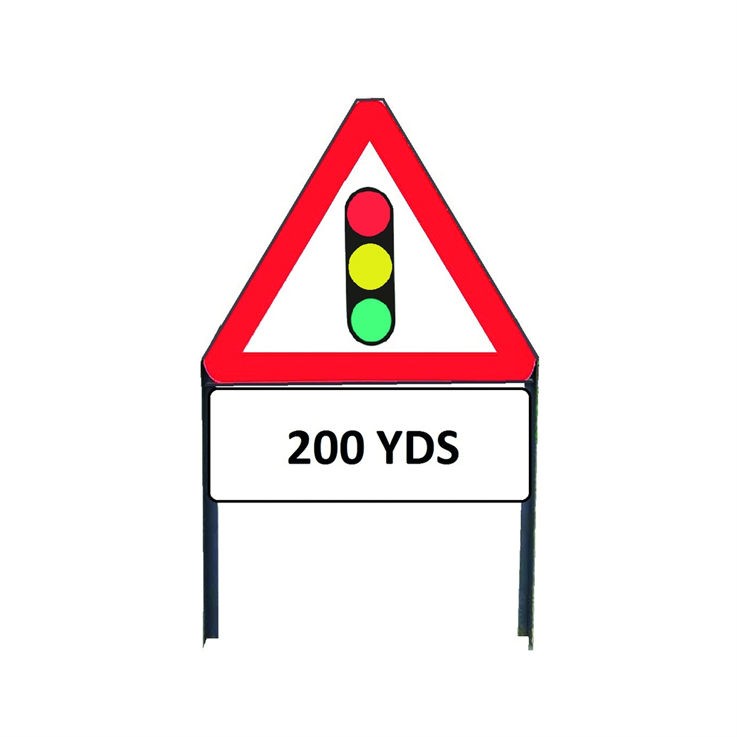 Traffic Lights In Use Ahead Metal sign with "200yd" Supplementary plate in frame with clips - 750mm
