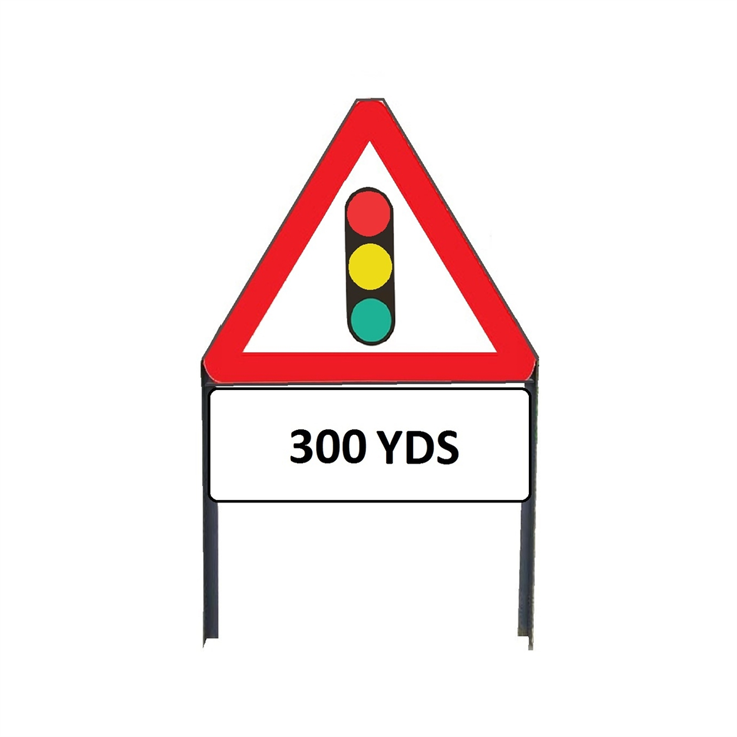 Traffic Lights In Use Ahead Metal sign with "300yd" Supplementary plate in frame with clips - 750mm