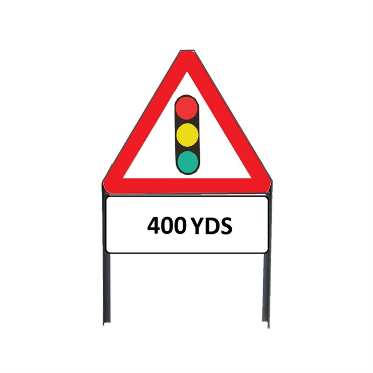 Traffic Lights In Use Ahead Metal sign with "400yd" Supplementary plate in frame with clips - 750mm
