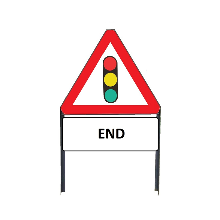 Traffic Lights In Use Ahead Metal sign with "END" Supplementary plate in frame with clips - 750mm