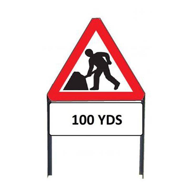 Men At Work Metal sign with "100yd" Supplementary plate in frame with clips - 750mm (100yd)