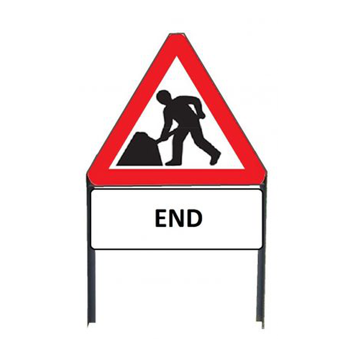 Men At Work Metal sign with "END" Supplementary plate in frame w/ clips - Red/White/Black - 750mm