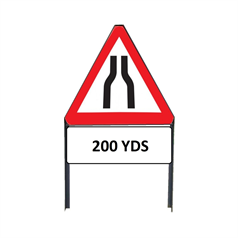 Road Narrows Both Sides sign with "200yd" Supplementary plate in frame with clips - 750mm (200yd)