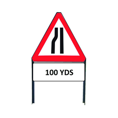 Road Narrows Nearside Metal Triangle sign with "100yd" Supplementary plate incl frame - 750mm