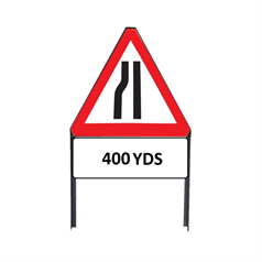 Road Narrows Nearside Metal Triangle sign with "400yd" Supplementary plate incl frame - 750mm