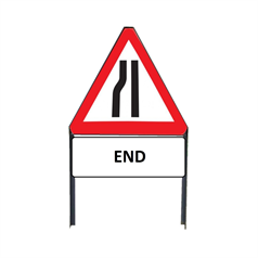 Road Narrows Nearside Metal Triangle sign with "END" Sup. plate incl frame - Red/White/Black - 750mm