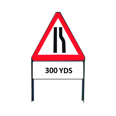 Road Narrows Offside Triangle sign with "300yd" Supplementary plate in frame with clips - 750mm