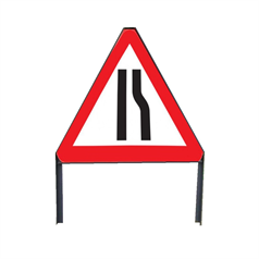 Road Narrows Offside Triangle sign in frame with clips - Red/White/Black - 750mm
