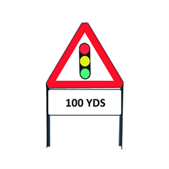 Traffic Lights In Use Ahead Metal sign with "100yd" Supplementary plate in frame with clips - 750mm