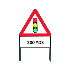 Traffic Lights In Use Ahead Metal sign with "200yd" Supplementary plate in frame with clips - 750mm