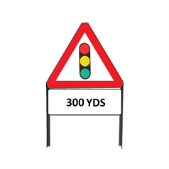 Traffic Lights In Use Ahead Metal sign with "300yd" Supplementary plate in frame with clips - 750mm