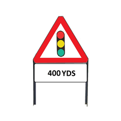 Traffic Lights In Use Ahead Metal sign with "400yd" Supplementary plate in frame with clips - 750mm