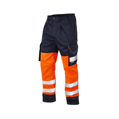 LEO Bideford Heavyweight Hi-Vis Polycotton Trousers - Orange/Navy