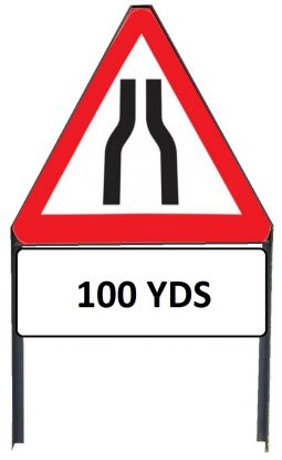	Road Narrows Both Sides Sign with '100yd' Supplementary Plate in Frame with Clips
