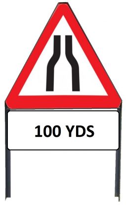     Road Narrows Both Sides Sign with '100yd' Supplementary Plate in Frame with Clips
