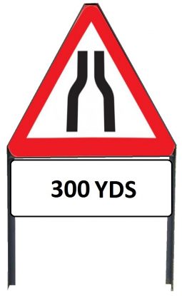 	Road Narrows Both Sides Sign with '300yd' Supplementary Plate in Frame with Clips
