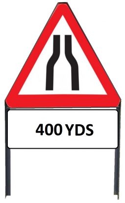     Road Narrows Both Sides Sign with '400yd' Supplementary Plate in Frame with Clips
