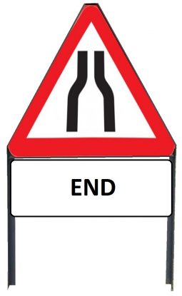 	Road Narrows Both Sides sign with "END" Supplementary plate in frame with clips
