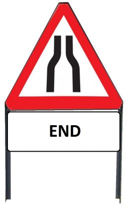     Road Narrows Both Sides sign with "END" Supplementary plate in frame with clips
