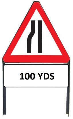 	Road Narrows Nearside Metal Triangle Sign with '100yd' Supplementary Plate in Frame with Clips
