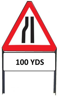     Road Narrows Nearside Metal Triangle Sign with '100yd' Supplementary Plate in Frame with Clips
