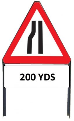 	Road Narrows Nearside Metal Triangle Sign with '200yd' Supplementary Plate in Frame with Clips
