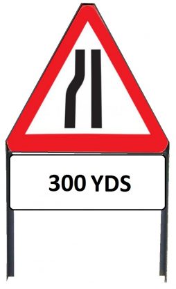     Road Narrows Nearside Metal Triangle Sign with '300yd' Supplementary Plate in Frame with Clips
