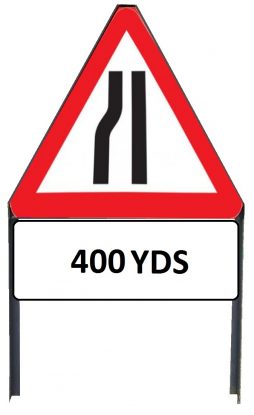 	Road Narrows Nearside Metal Triangle Sign with '400yd' Supplementary Plate in Frame with Clips
