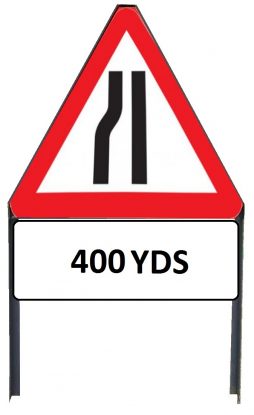     Road Narrows Nearside Metal Triangle Sign with '400yd' Supplementary Plate in Frame with Clips
