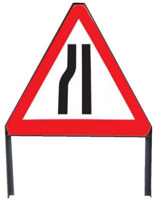     Road Narrows Nearside Metal Triangle Sign in Frame with Clips
