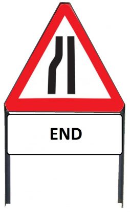 	Road Narrows Nearside Metal Triangle Sign with 'End' Supplementary Plate in Frame with Clips
