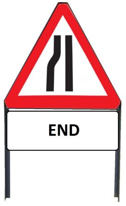     Road Narrows Nearside Metal Triangle Sign with 'End' Supplementary Plate in Frame with Clips

