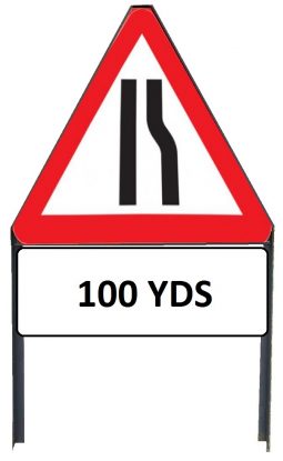 	Road Narrows Offside Metal Triangle Sign with '100yd' Supplementary Plate in Frame with Clips
