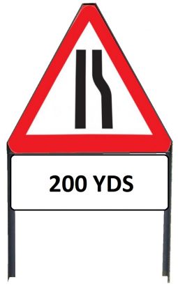     Road Narrows Offside Metal Triangle Sign with '200yd' Supplementary Plate in Frame with Clips
