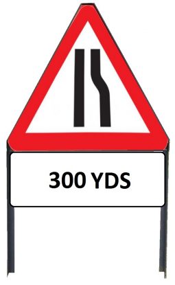 	Road Narrows Offside Metal Triangle Sign with '300yd' Supplementary Plate in Frame with Clips
