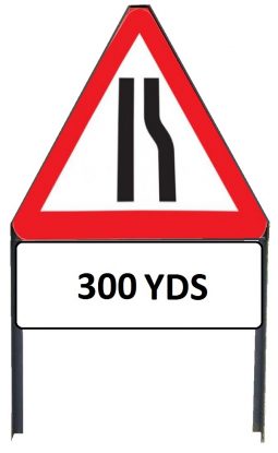     Road Narrows Offside Metal Triangle Sign with '300yd' Supplementary Plate in Frame with Clips
