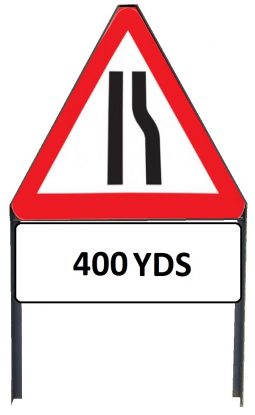     Road Narrows Offside Metal Triangle Sign with '400yd' Supplementary Plate in Frame with Clips
