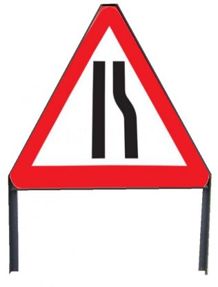     Road Narrows Offside Triangle Sign in Frame with Clips
