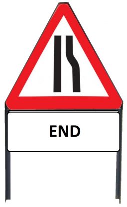 	Road Narrows Offside Metal Triangle Sign with 'End' Supplementary Plate in Frame with Clips
