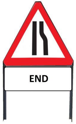     Road Narrows Offside Metal Triangle Sign with 'End' Supplementary Plate in Frame with Clips
