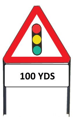     Traffic Signals Ahead Metal Sign with '100yd' Supplementary Plate in Frame with Clips
